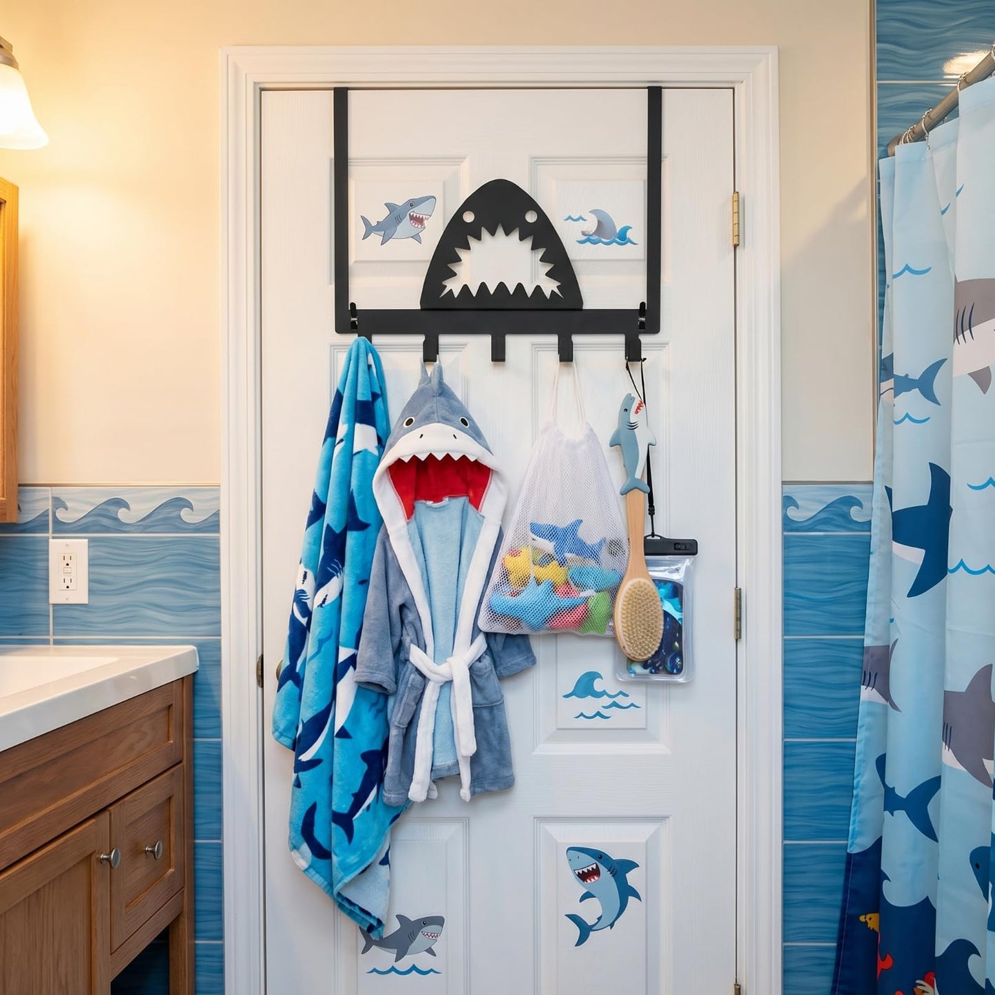 Reallnaive Shark Over The Door Hooks Bathroom Decoration Hanger Wall Mount Art Funny Rack Holder for Towel, Hat, Coat, Cloth, Keychain, Bag, Christmas Gift