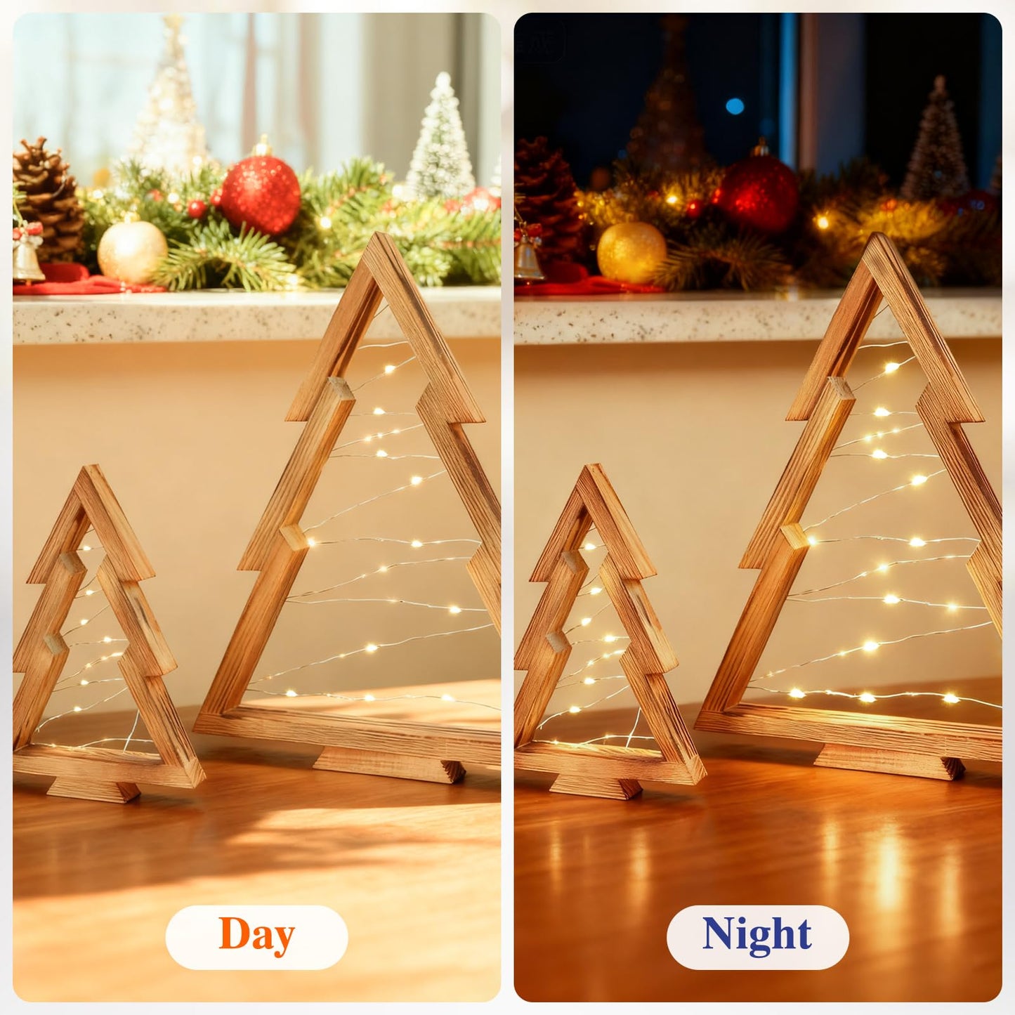 HOMIEE Wooden Christmas Tree 2PCS Handmade Tabletop Decor with Light for Farmhouse Home Kitchen Table Mantle Shelf Holiday Indoor Party Decor