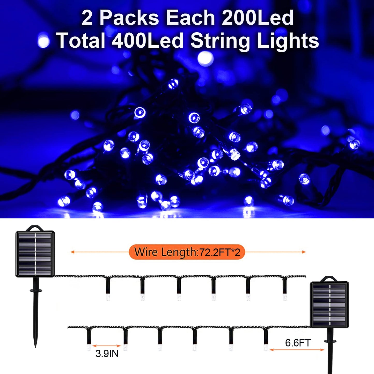 Blue Solar String Lights Outdoor Waterproof, 2 Pack 144ft 400LED with 8 Modes IP44 Waterproof, Fairy Twinkle Decorations for Christmas Tree Garden Patio Wedding Party Yard