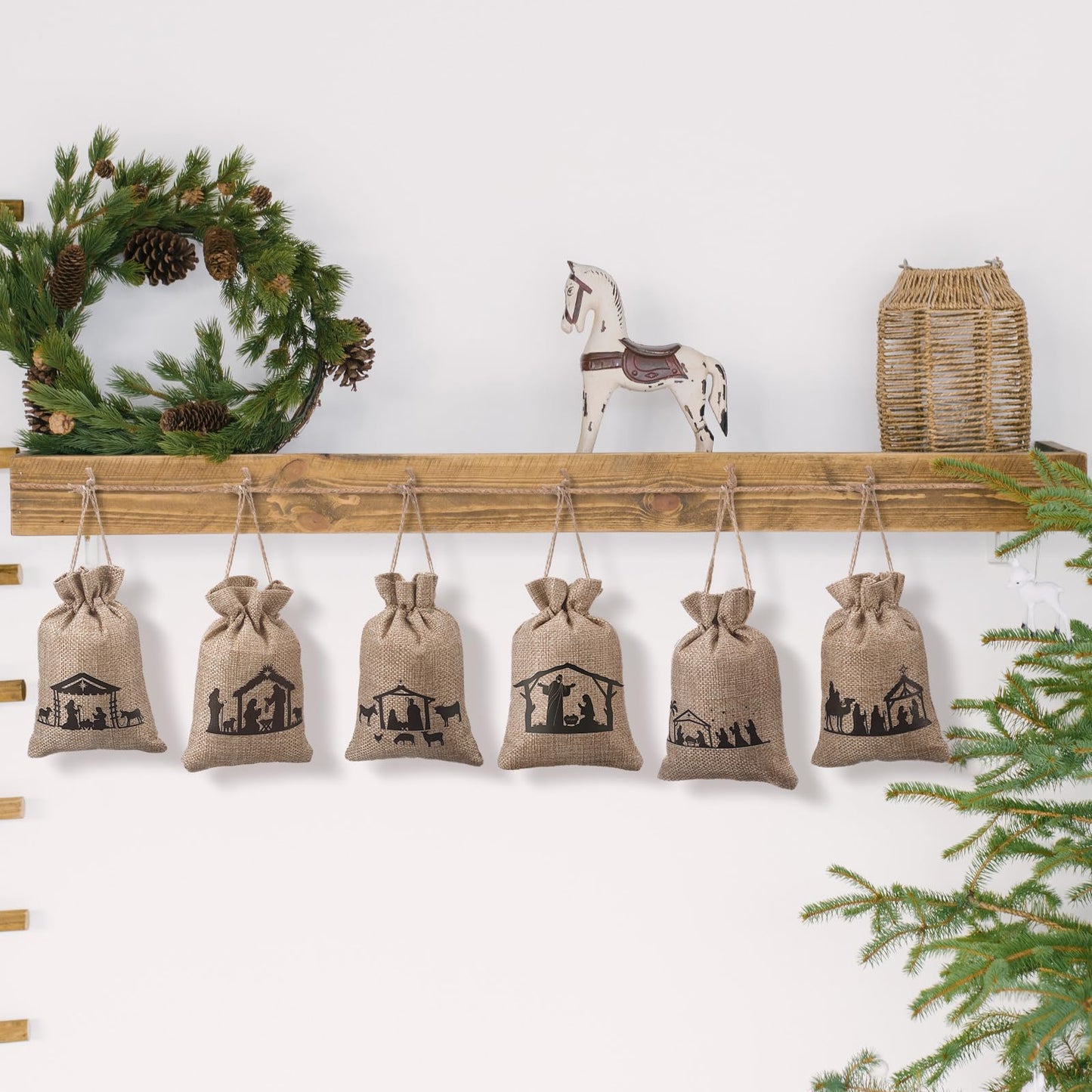 Kinlop 24 Pieces Christmas Nativity Burlap Gift Bags with Drawstrings 6 Designs Christmas Holiday Goody Treat Bags Linen Wrapping Candy Pouches Jewelry Pouches for Xmas New Year Party Favors
