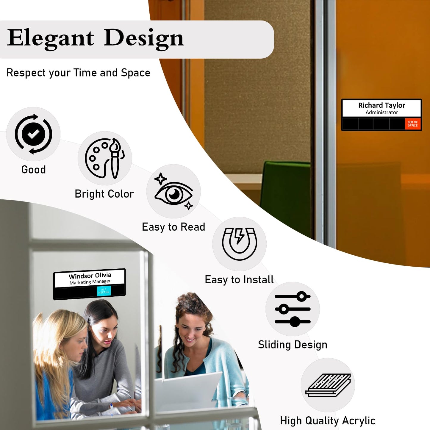 Office Status Sign With 5 Options,Do Not Disturb/Please Knock/In A Meeting/Out of Office/Working Remotely, Magnetic Slider Sign for Any Room,Name Plate For Desk/Doors/Cubicle Wall With Stand-Black