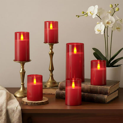 Raycare Independence Day Flameless Electronic Pillar Candles with Remote Timer- Battery Operated Realistic Flickering LED Fake Candle for 4th of July Patriotic Home Decor, Red,Set of 3(3"x4"5" 6")