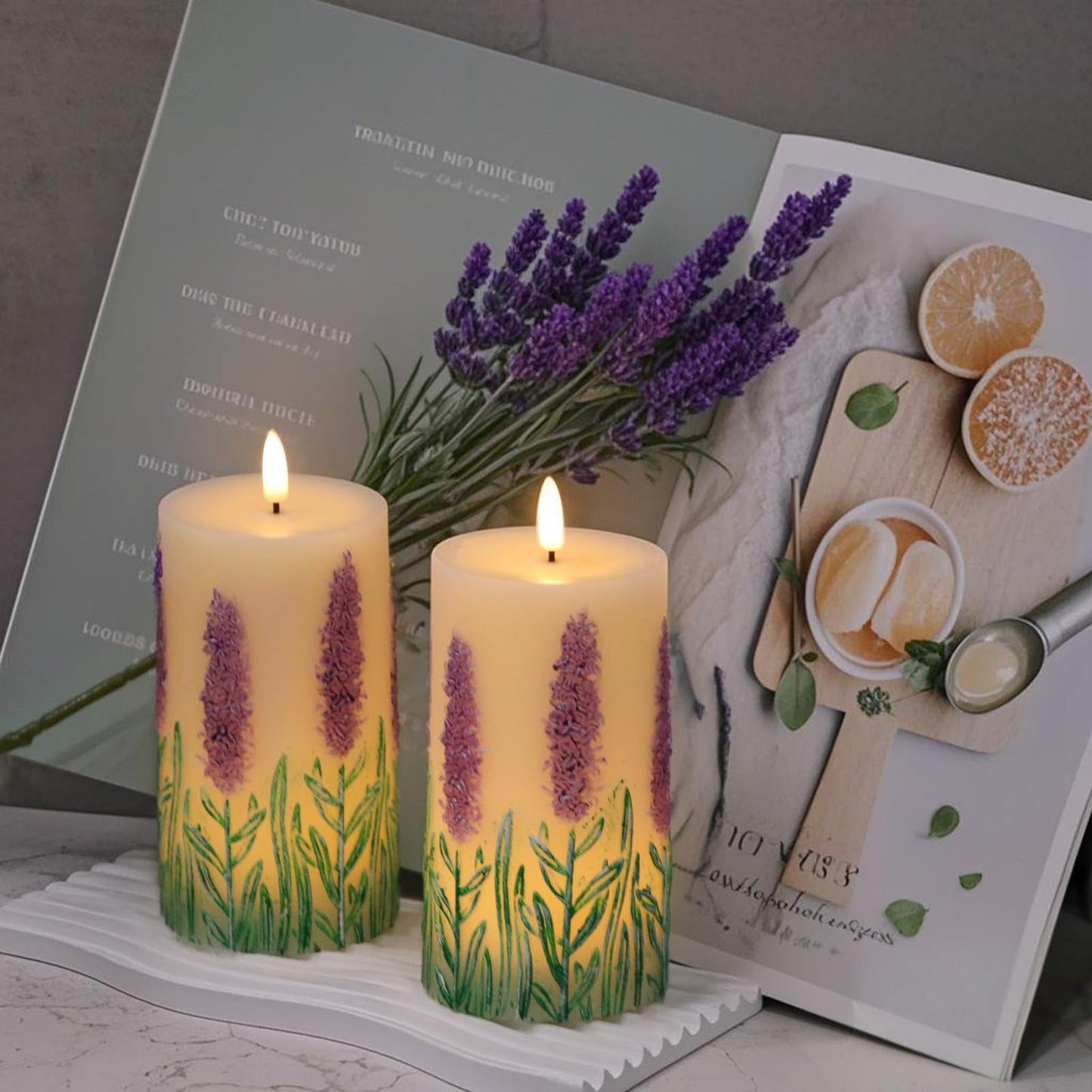 Eldnacele Lavender Flameless Candles with 6 Hour Timer, Battery Operated Hand Painted 3D Wick Flickering Real Wax LED Pillar Candles for Spring Dinner Christmas Holiday Decor((2Pcs, D3×H6.5)