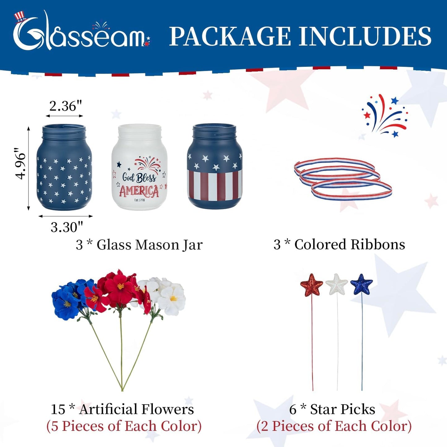 Glasseam 4th of July Vase Set: 3Pcs Patriotic Glass Mason Jars with Red White and Blue Artificial Geranium Star Ribbons - Independence Day USA 250 Anniversary Memorial Table Centerpiece Home Decor