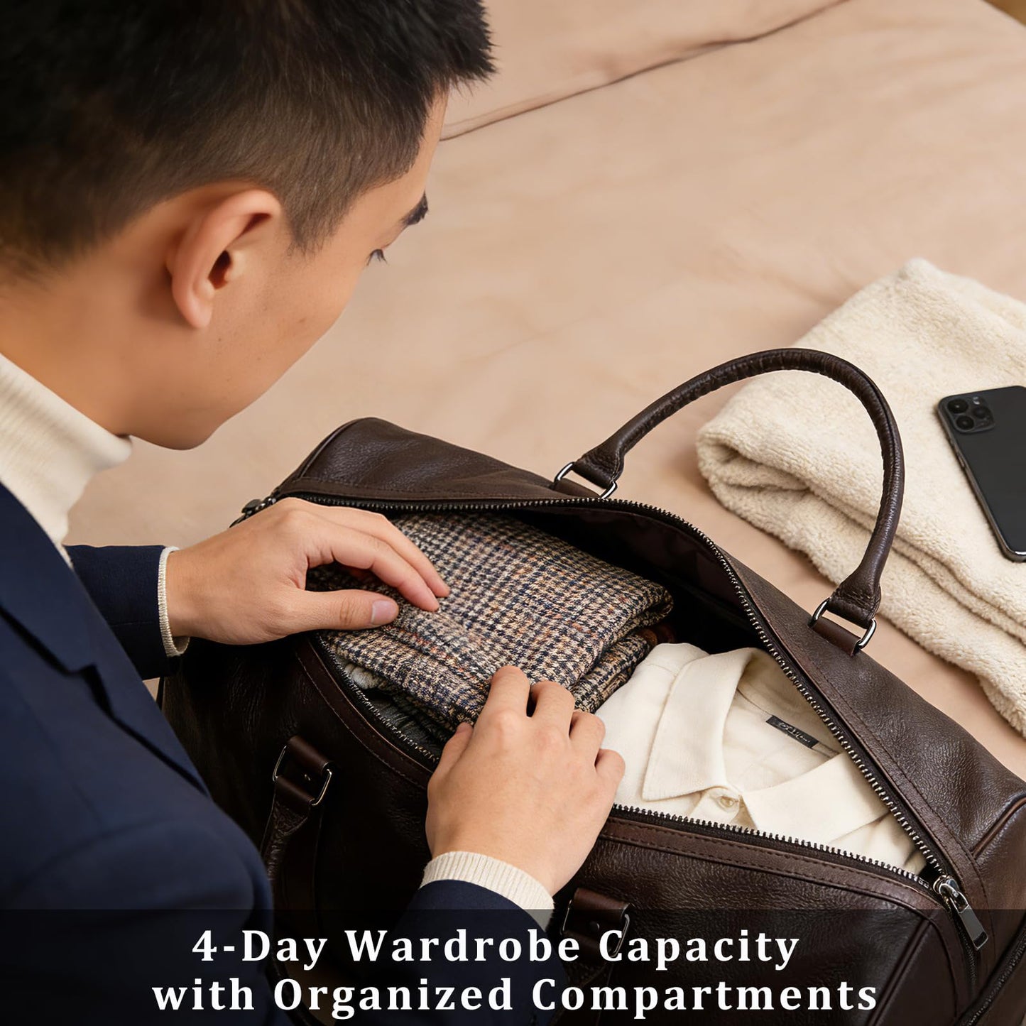 Leather Travel Duffle Bag with Shoe Pouch, Cabin Friendly Weekender Overnight Bags, Carry On Sports Gym Bag for Men Women