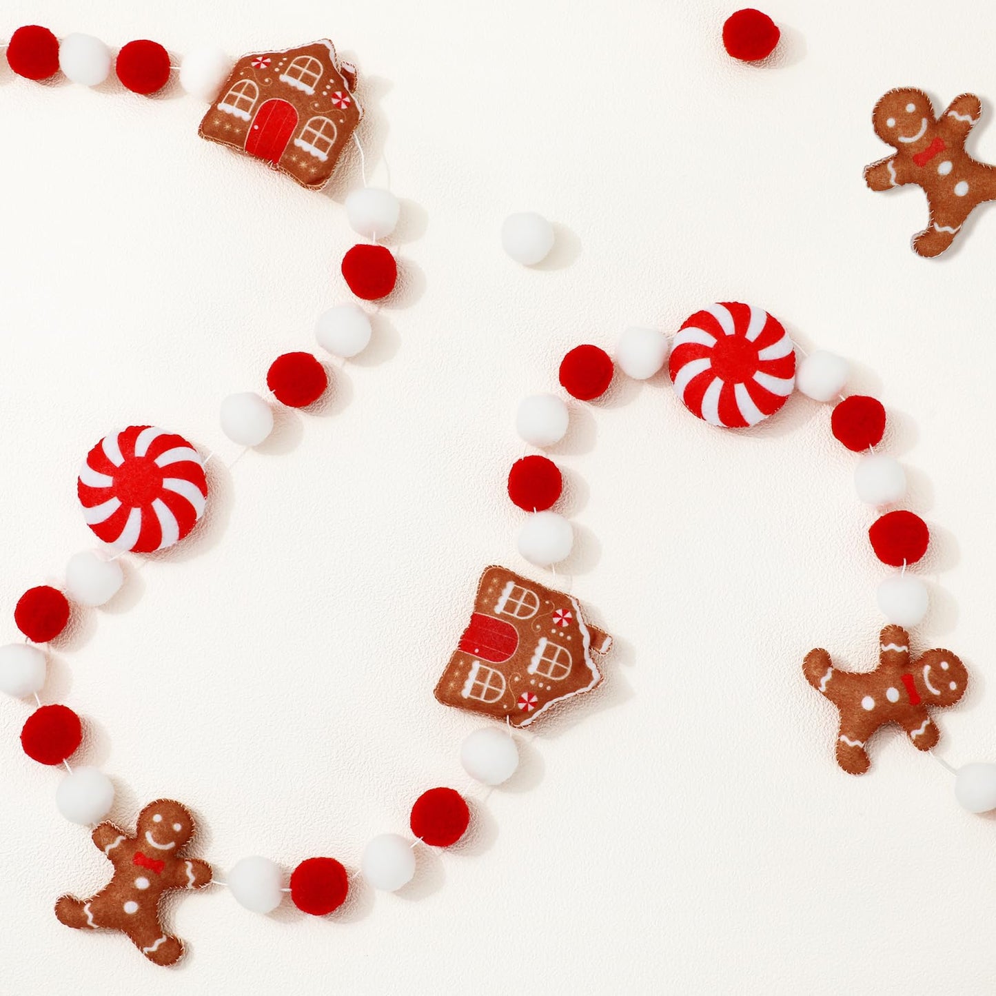 JarThenaAMCS 8.2Ft Christmas Felt Banner Hanging Garland 3D Gingerbread Man & House Red White Pom Ball Banner for Home Mantel Wall Window Decor Party Supplies