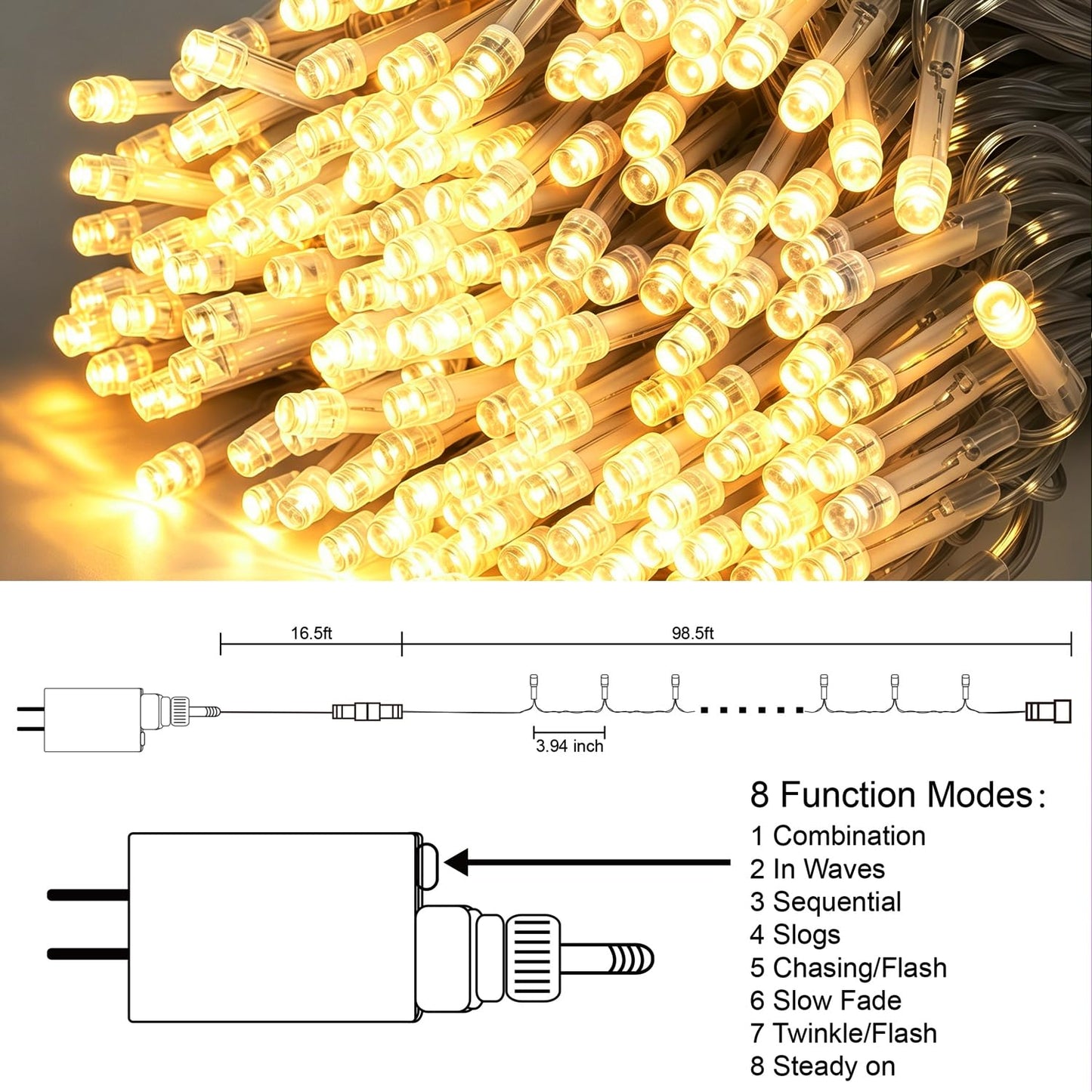 LJLNION 300 LED String Lights Outdoor Indoor, Extra Long 98.5FT Christmas Lights, 8 Lighting Modes, Plug in Waterproof Fairy Lights for Wedding Party Bedroom Decorations (Warm White)