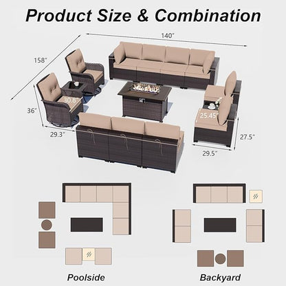 ALAULM 13 Pieces Patio Furniture Set with 2 Swivel Chairs Patio Furniture Outdoor Sectional Sofas with 55000 Gas Fire Pit Patio Conversation Set w/10 Cushions-Sand