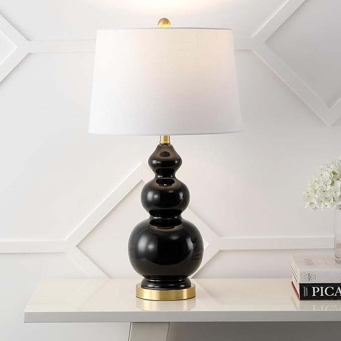JONATHAN Y JYL4023C Bowen 27.5" Contemporary Transitional Ceramic Gourd LED Table Lamp, Black/Brass Gold for Bedroom, Living Room, Kitchen, Home Office