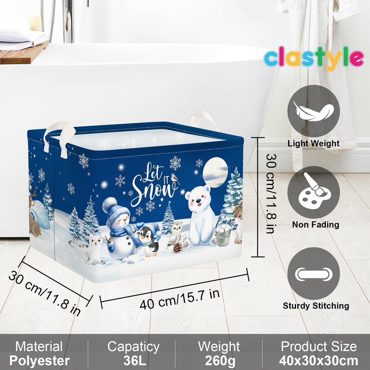 Clastyle Winter Animals Storage Basket Christmas Snowman Penguin Gift Basket Kid Polar Bear Deer Owl Seal Nursery Bin Large Clothes Toy Book Shelf Basket Cube