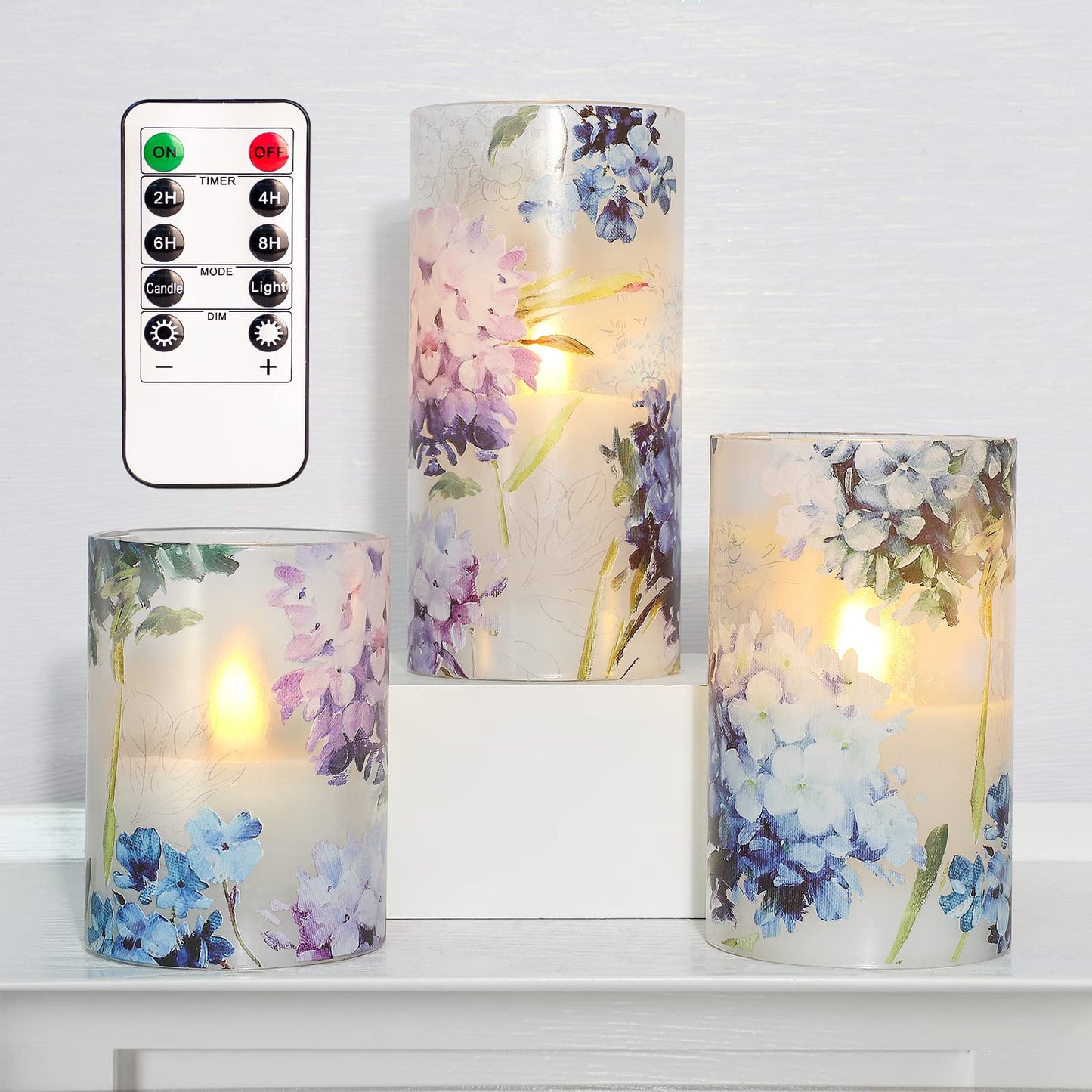 GORGE MOMENT Blue Violet Hydrangea Flameless Candles LED Flicker with Remote DIM Love Theme Summer Spring Decorative Glass Decor Wedding Date Proposal Dinner Table Home Gift for Lover