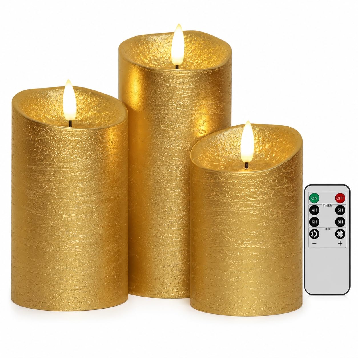 COVEGE Gold Flameless Candles with Remote, Flickering Real Wax Battery Operated Candles with Timer, Set of 3 LED Pillar Candlesfor Home Room Decor Christmas Decoration