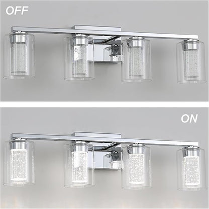 4 Light Chrome Bathroom Light Fixture, Dimmable 5CCT Chromes Bathroom Vanity Lights, 2700K-6500K Modern Crystal Bubble LED Wall Sconce Over Mirror with Clear Glass for Bedroom, Living Room