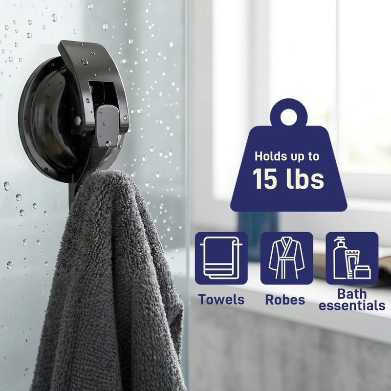 SOCONT Heavy Duty Vacuum Suction Cup Hooks, Matte Black Plated Polished Super Suction for Kitchen Bathroom, 2 Pack