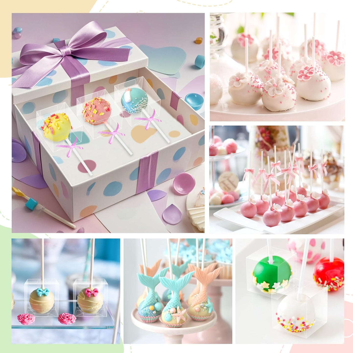 MGWOTH 100 Set Cake Pop Boxes with Paper Sticks Kit: Clear Gift Container with Holes for Candy, Macaron, Lollipop Packaging, Mini Plastic Cakepop Wrapping for Wedding Party Birthday Christmas