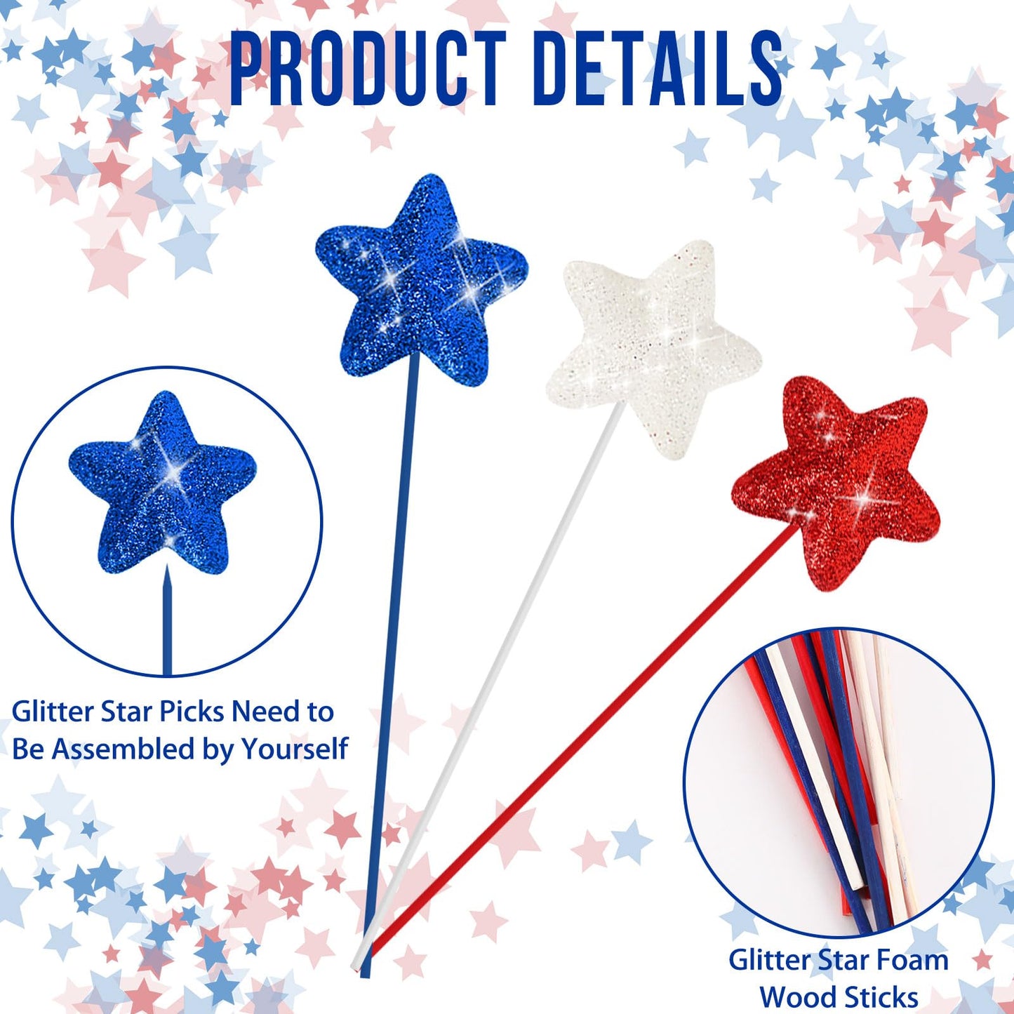 JUNEBRUSHS 4th of July Decorations, 108 Pcs Glitter Puffy Star Picks Foam Star Stems Red White and Blue Artificial Stem Flowers for Patriotic Wreath Table Centerpieces Decoration