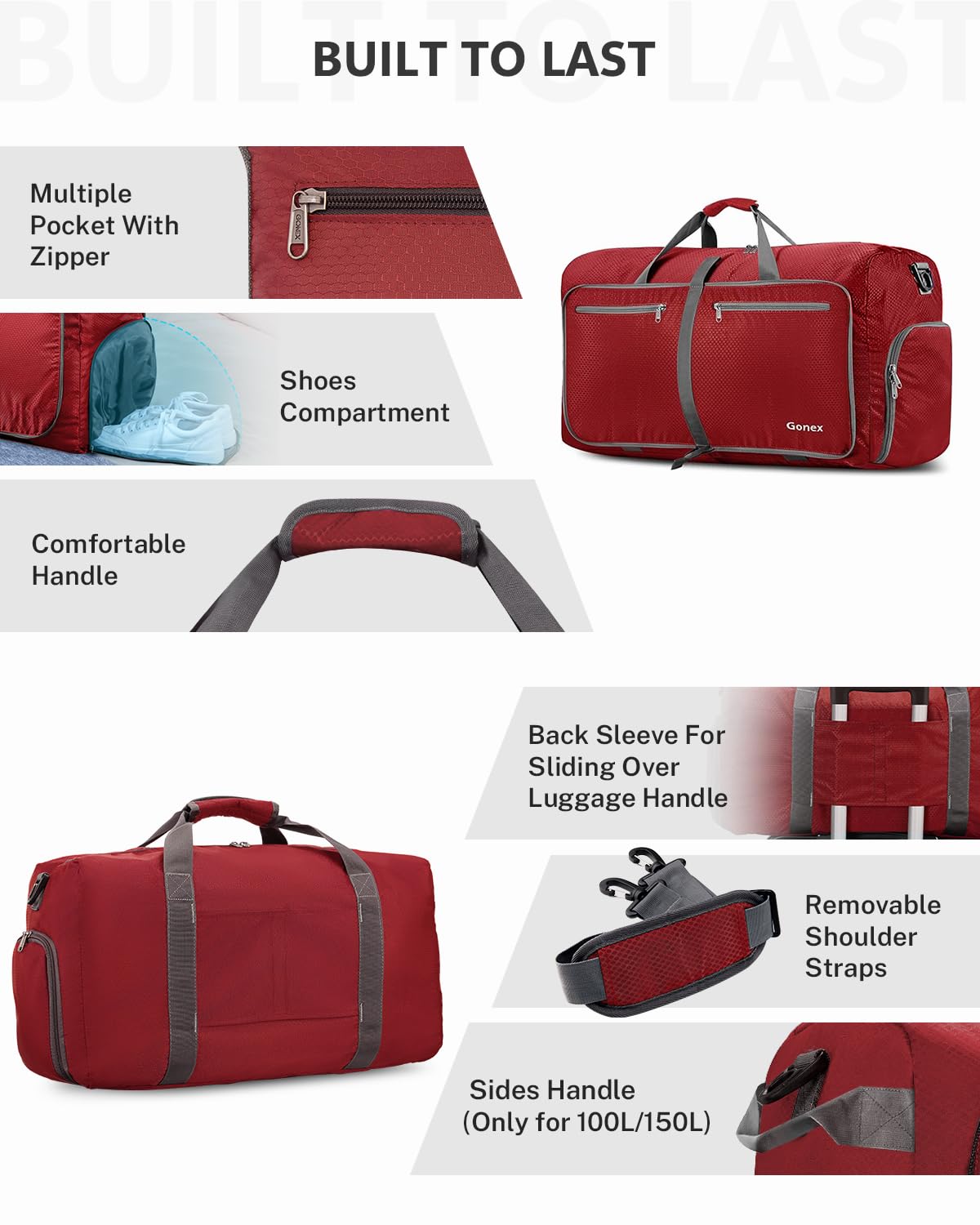 Gonex 100L Large Foldable Travel Duffle Bag with Shoes Compartment, Packable Lightweight Water Repellent Duffel Bag for Camping Gym Weekender Bag Red