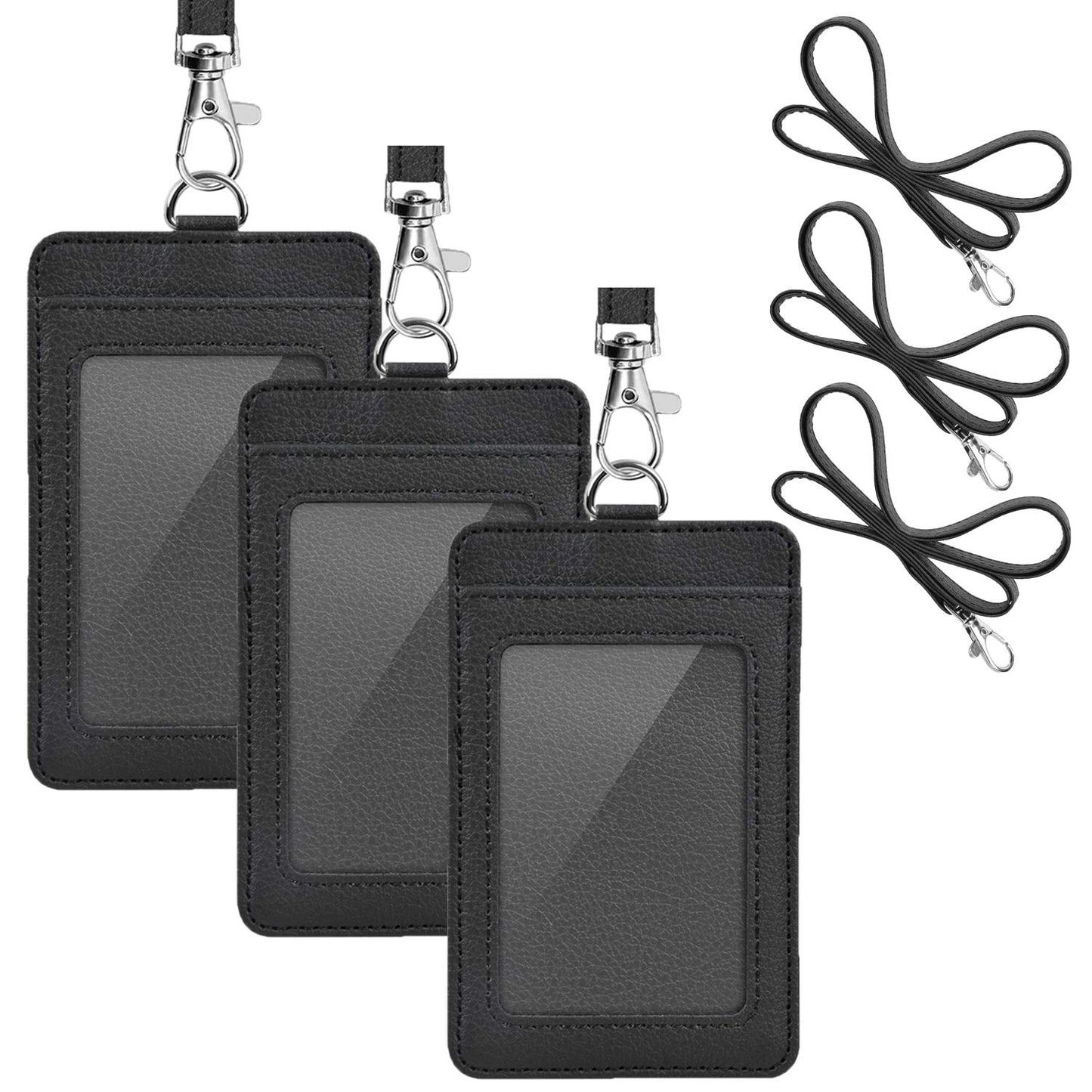 3 Pack PU Leather ID Badge Holder, Life-Mate ID Badge Holder with 1 Clear ID Window 1 Credit Card Slot and PU Leather Lanyard for Badge Credit Cards College ID Cards in Black