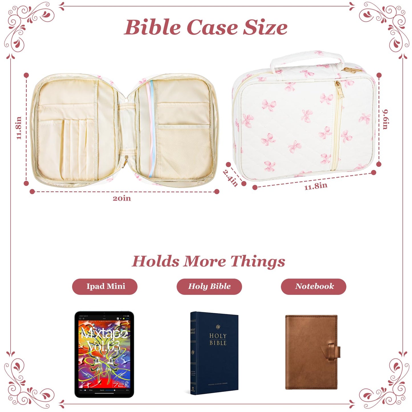 Ecehyon Bible Cover Case for Women,Large Quilted Case with Handle,Included Diverse Bible Study Supplies,Christian Gift for Women (Pink Butterfly, 11.8 * 9.6 * 2.4 in)