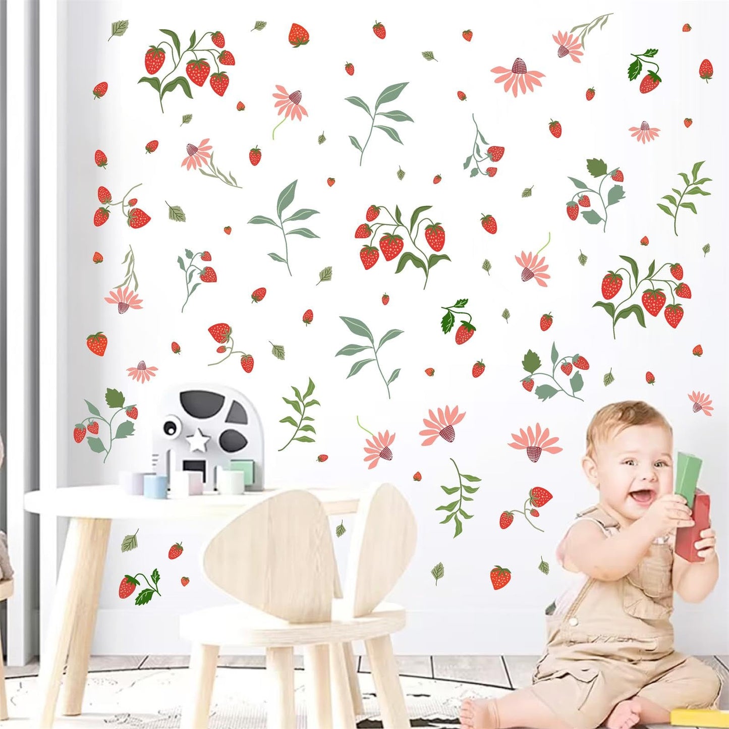 Strawberry Wall Decals Berry Fruit Wall Stickers Floral Leaf Fruits Leaves Stickers Cute Strawberries Wall Sticker Removable Berries Strawberry Decals for Nursery Girls Room Bedroom Decor