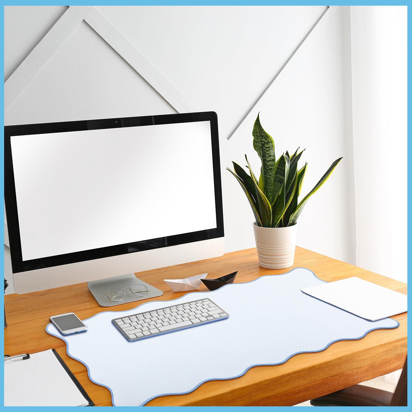Hahafelt Scalloped Desk Mat Large Scalloped Piping Cute Desk Mat Aesthetic Preppy Table Pad Large Nonslip Pad with Edge Stitching Waterproof Gaming(Blue,31.5 x 15.75 Inches)