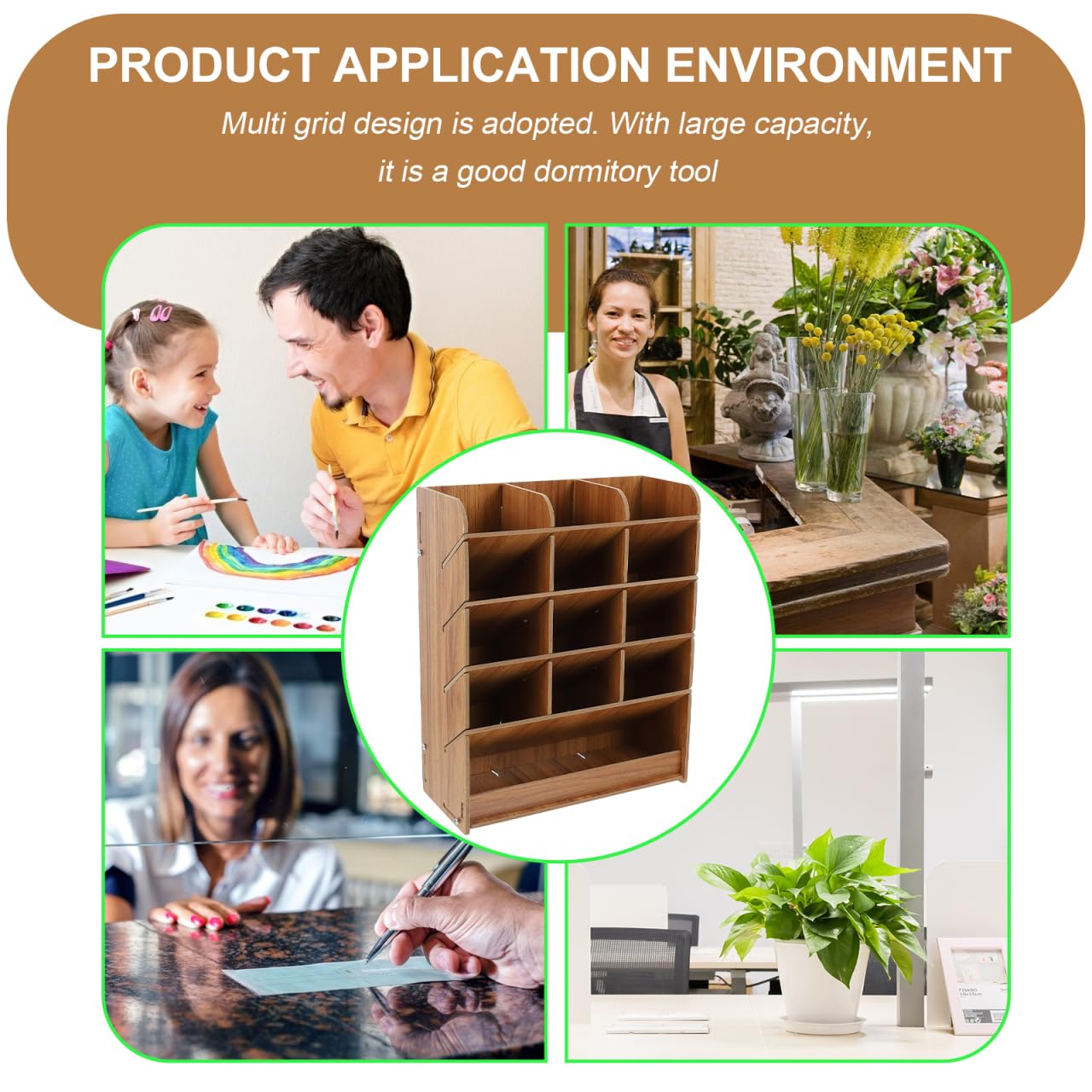 Ciieeo Multi-Grid Wooden Pen Holder Storage Box 10.03X8.26X3.62 Inch Desk Organizer Office Pencil Case Stationery Storage for Home and Office