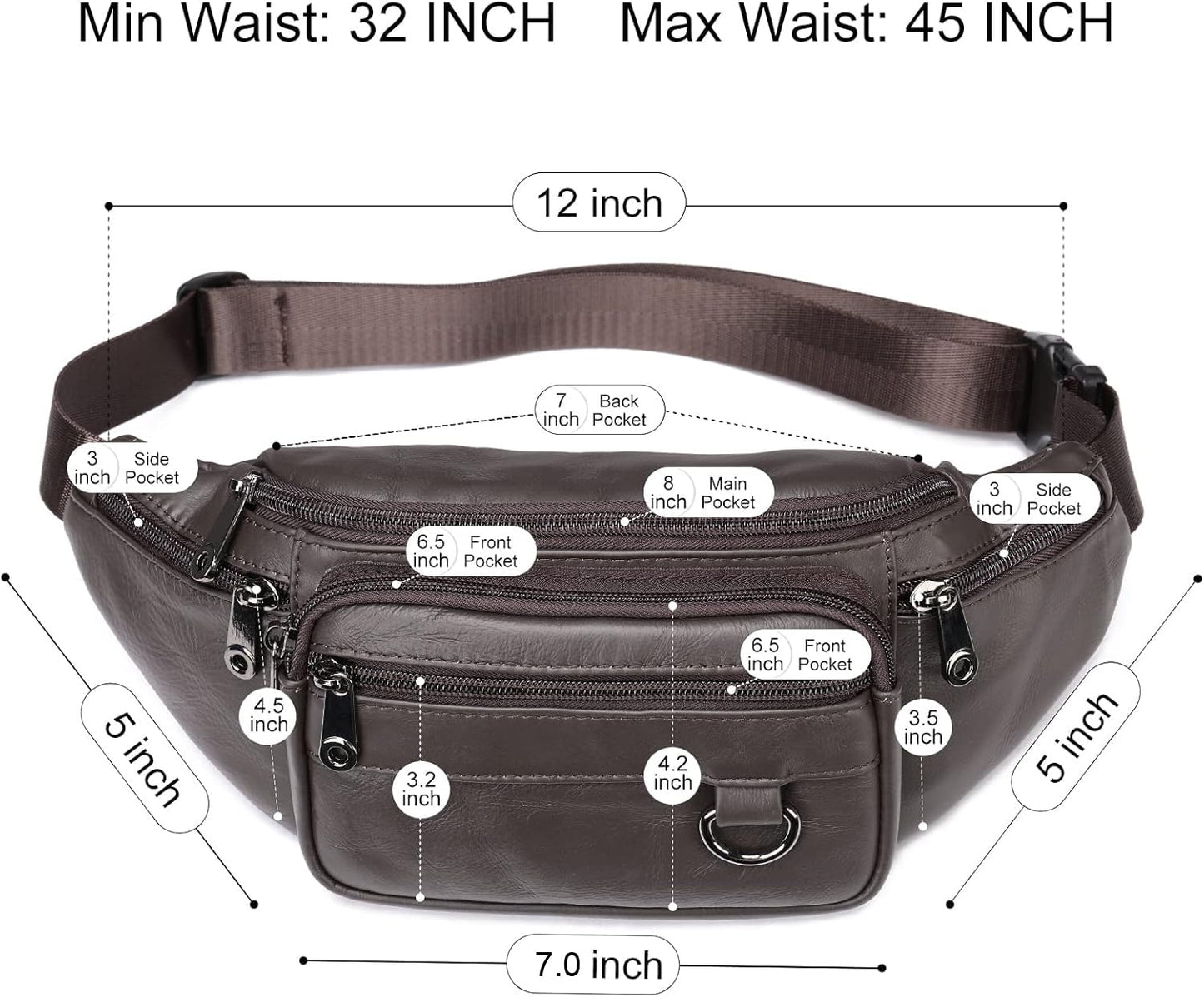 Genuine Leather Fanny Pack HandMade Durable cowhide Waist Bag Lots of Anti-theft zipper pocket Coffee