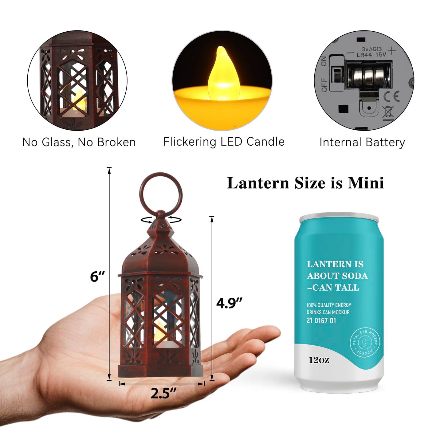 Reperla 8-Pack Mini Lanterns for Ramadan, Wedding, Festivals, Small Decorative Lanterns with LED Candle for Baby Shower Party, Moroccan Lantern for Table Centerpiece, Medieval Decor, Red Brushed
