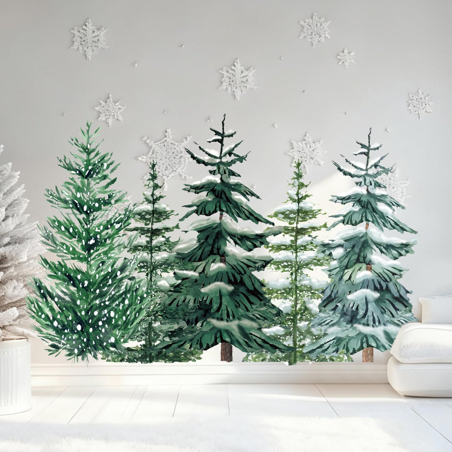 JarThenaAMCS 6 Sheets 35.4 x 71 Inch Winter Christmas Wall Stickers Snowy Forest Pine Tree Wall Stickers Peel and Stick Large Room Mural Decals for Xmas Home Party Decoration