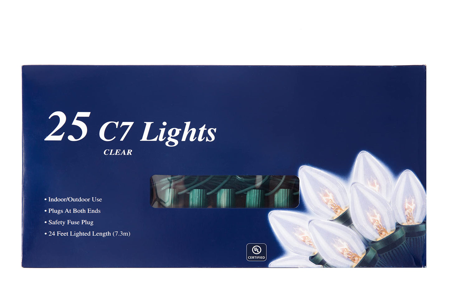 Creative Hobbies 25 Ft Christmas Light String with Clear C7 Incandescent Light Bulbs - Indoor/Outdoor Classic Christmas Holiday Decor Lights