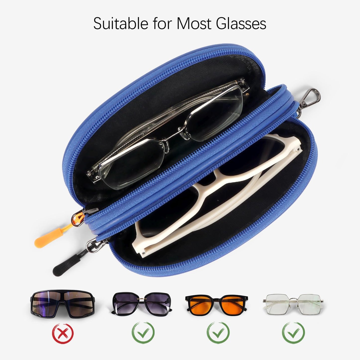 Tangoner Double Eyeglasses Case with Zipper – Faux Leather Soft Sunglasses Pouch, Portable Travel Glasses Holder with Keychain Clip for Men & Women (Blue PU)