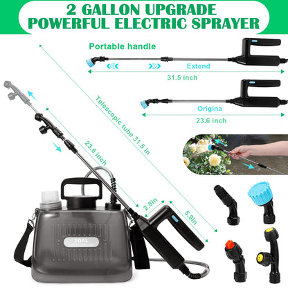 WYRJXYB Battery Powered Sprayer 2 Gallons, Upgrade Electric Garden Sprayer with 4 Mist Nozzles,USB Rechargeable Handle,32in Telescopic Wand,1 Glove,Portable Garden Sprayer for Yard Lawn Garden