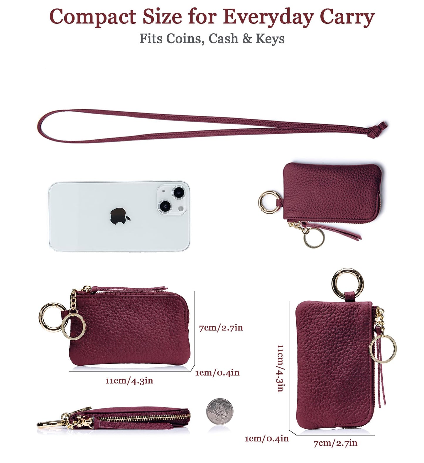 LnxLtw Mini Coin Wallet for Women – Genuine Leather Zipper Coin Purse with Wrist Strap & Keychain, Compact Change Holder & Travel Wallet with Gift Box (Wine Red)