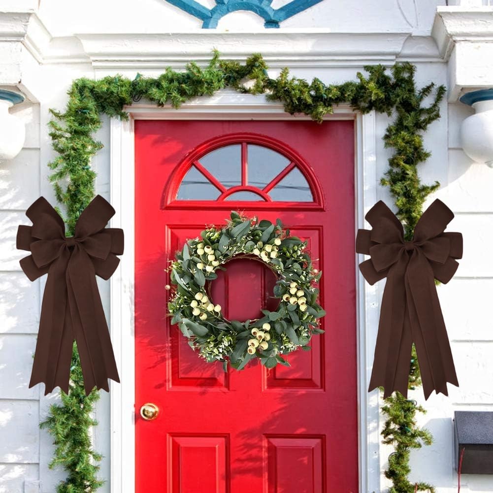 Meseey Double Pack 20X10 Inch Oversized Brown Burlap Bows Farmhouse Christmas Tree Topper & All-Weather Wreaths Decor, Heavy Duty Gift Wrapping Accents for Front Door/Cabinet (Brown)