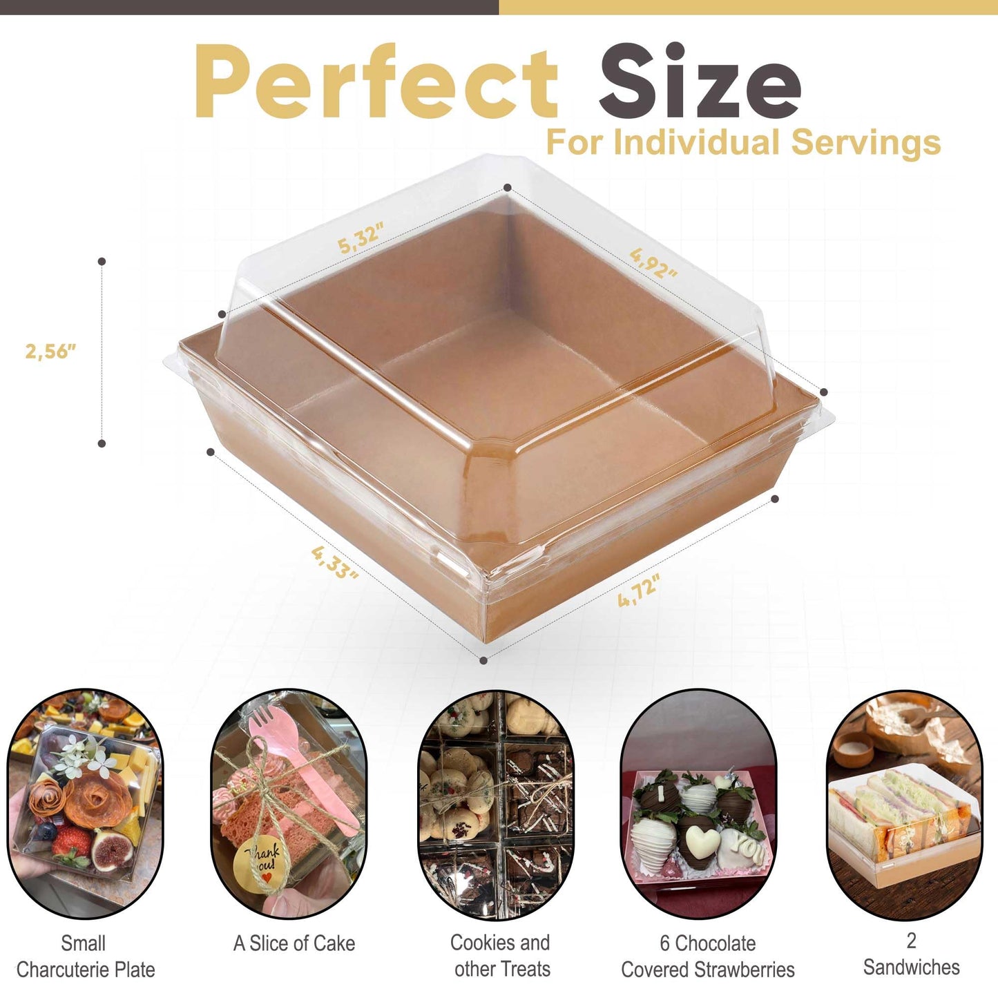 Leafiew 50 Pack Small Charcuterie Boxes with Clear Lids - To Go Paper Mini Charcuterie Box, Disposable Food Containers, 5Inch Dessert Boxes - Sandwich, Cookie, Sushi, Cake Slice, Strawberries (Brown)