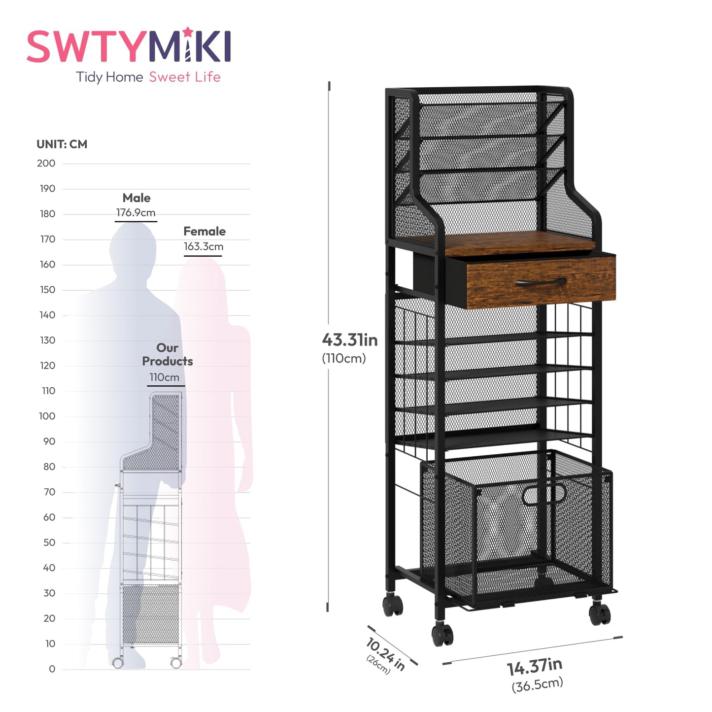 SWTYMIKI 10-Tier Rolling File Cart - Mesh Paper Organizer with Drawer & Hanging File Folders on Lockable Wheels, Rolling File Cabinet for Office Organization, Storage in Home, Studio, School, Espresso