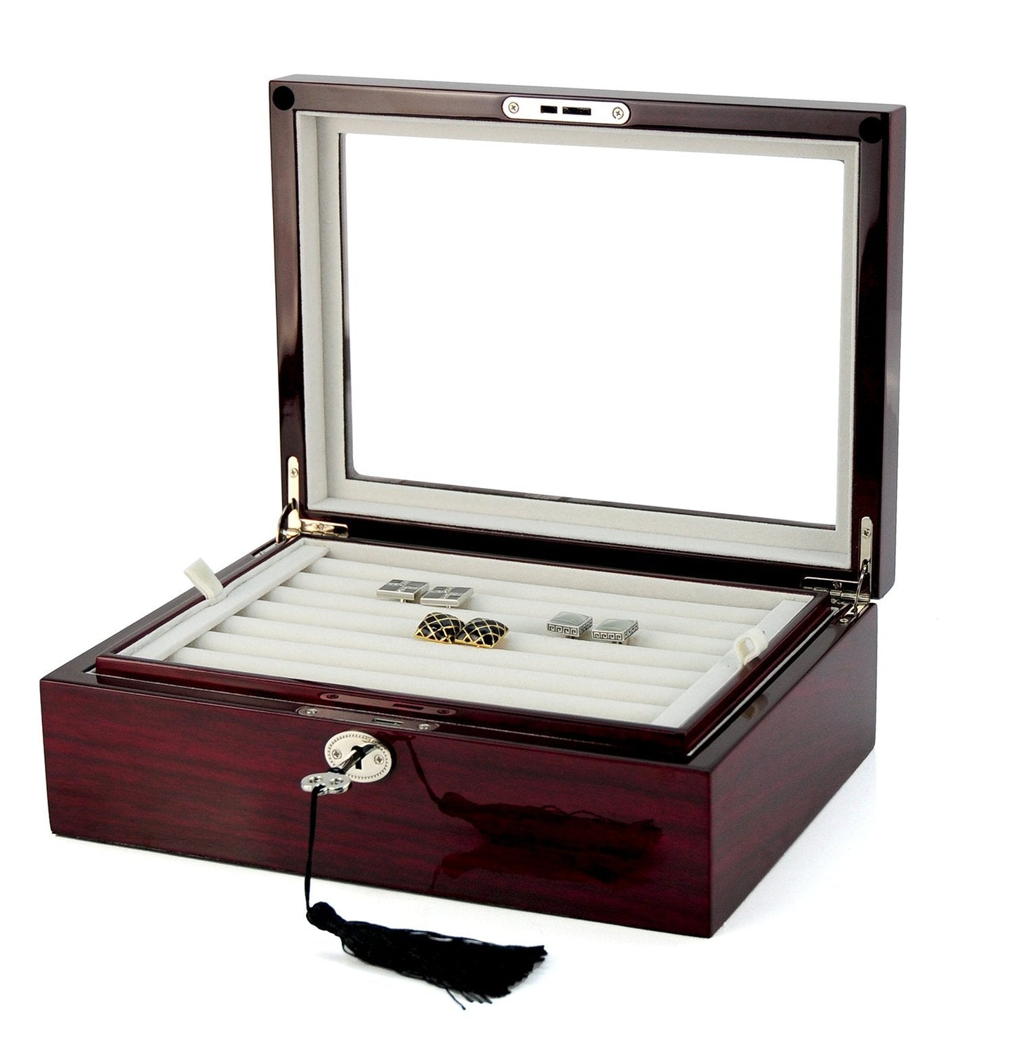 Deluxe Jewelry Cufflinks Collector's Storage Presentation Box Case Mahogany Double-Decker Gift
