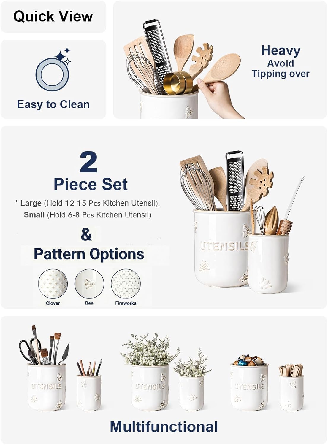 LE TAUCI Kitchen Utensil Holder Set of 2 - 6.9"+5.3" Large Ceramic Cooking Utensil Crock & Organizer for Spatula, Spoon, Whisk - Farmhouse Countertop Storage, Arctic White, Embossed, Bee