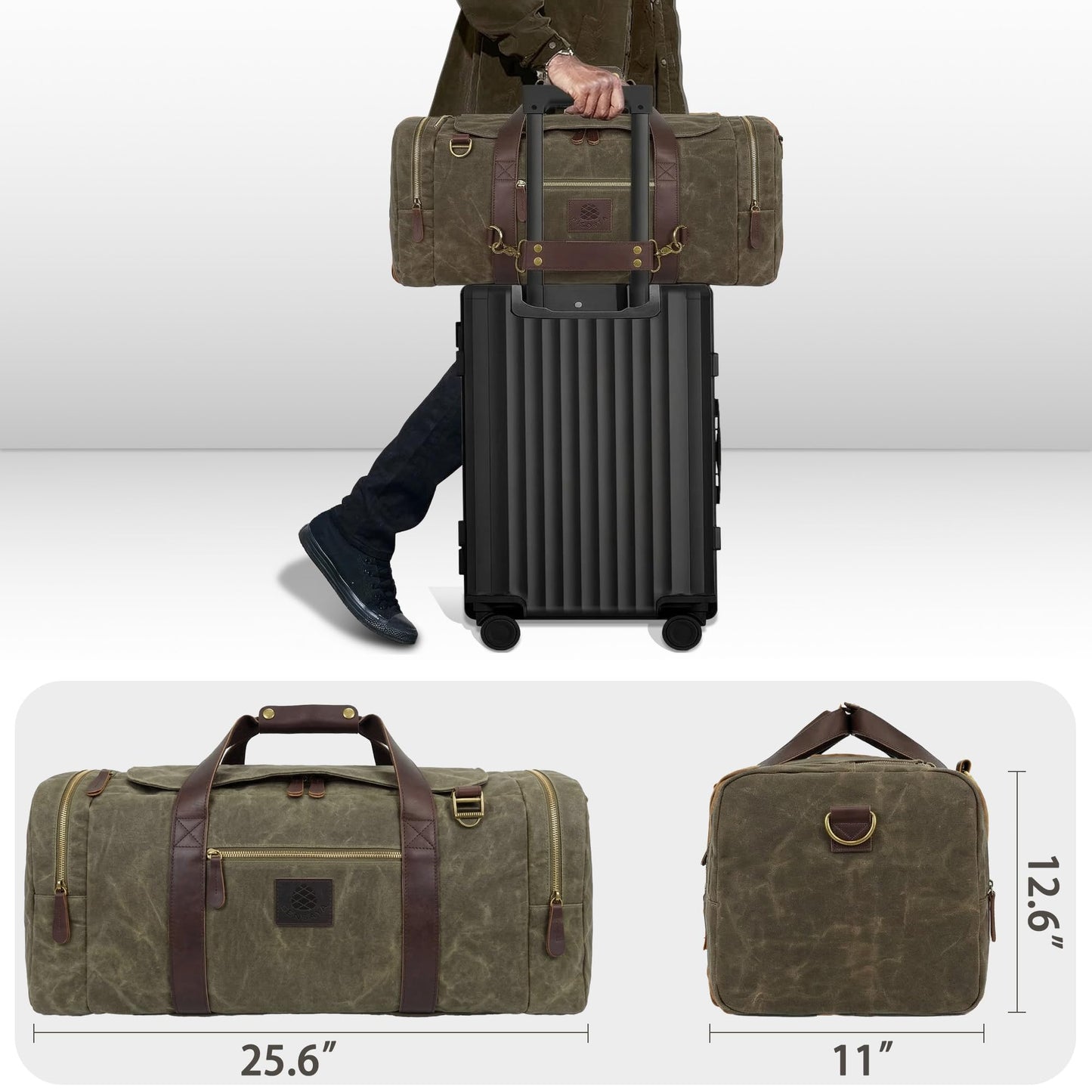 Densata Duffle Bag for Travel, 50L Waxed Canvas Duffle Bag Vintage Travel Bag Overnight Bag with Shoes Compartment Men (Vintage Grey, Large-50L)
