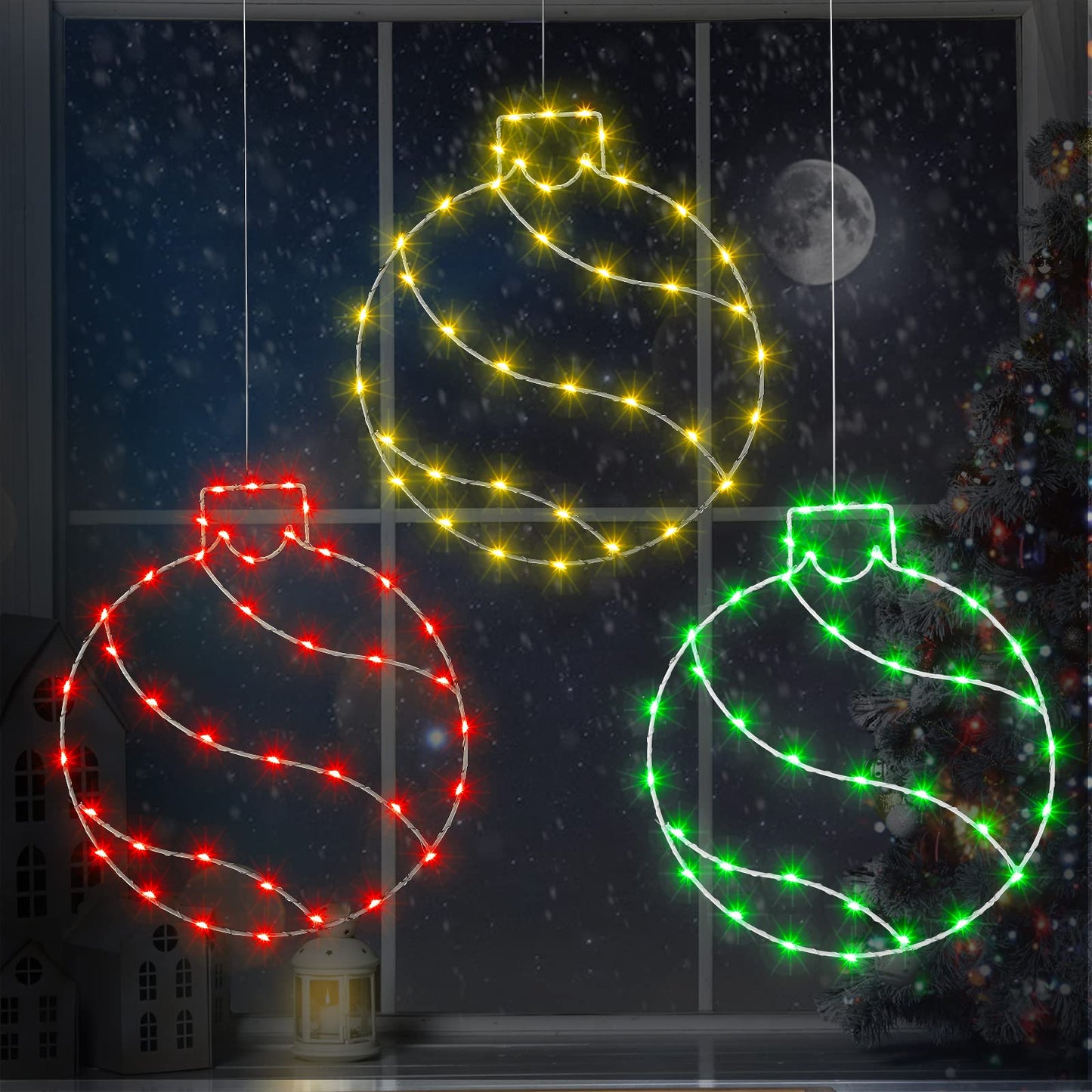 Jinei 3 Pieces 11.8 Inch Window Lights Christmas Ball LED Light Lighted Christmas Ball Window Lights with 50 Bulbs for Holiday Indoor Wall Door Decorations Red Dreen Gold(Ball)