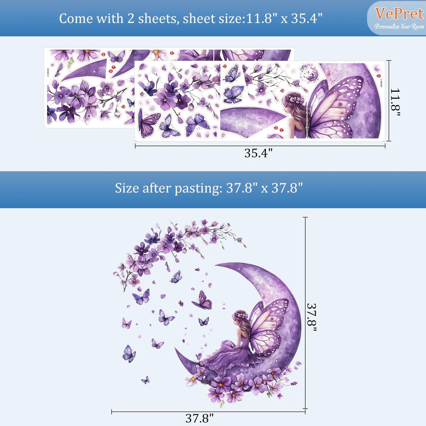 VePret Purple Fairy Wall Decals Peel and Stick, Butterflies Moon Flowers Wall Stickers, Removable Vinyl Home Decor Art for Girls Bedroom Baby Nursery Daycare