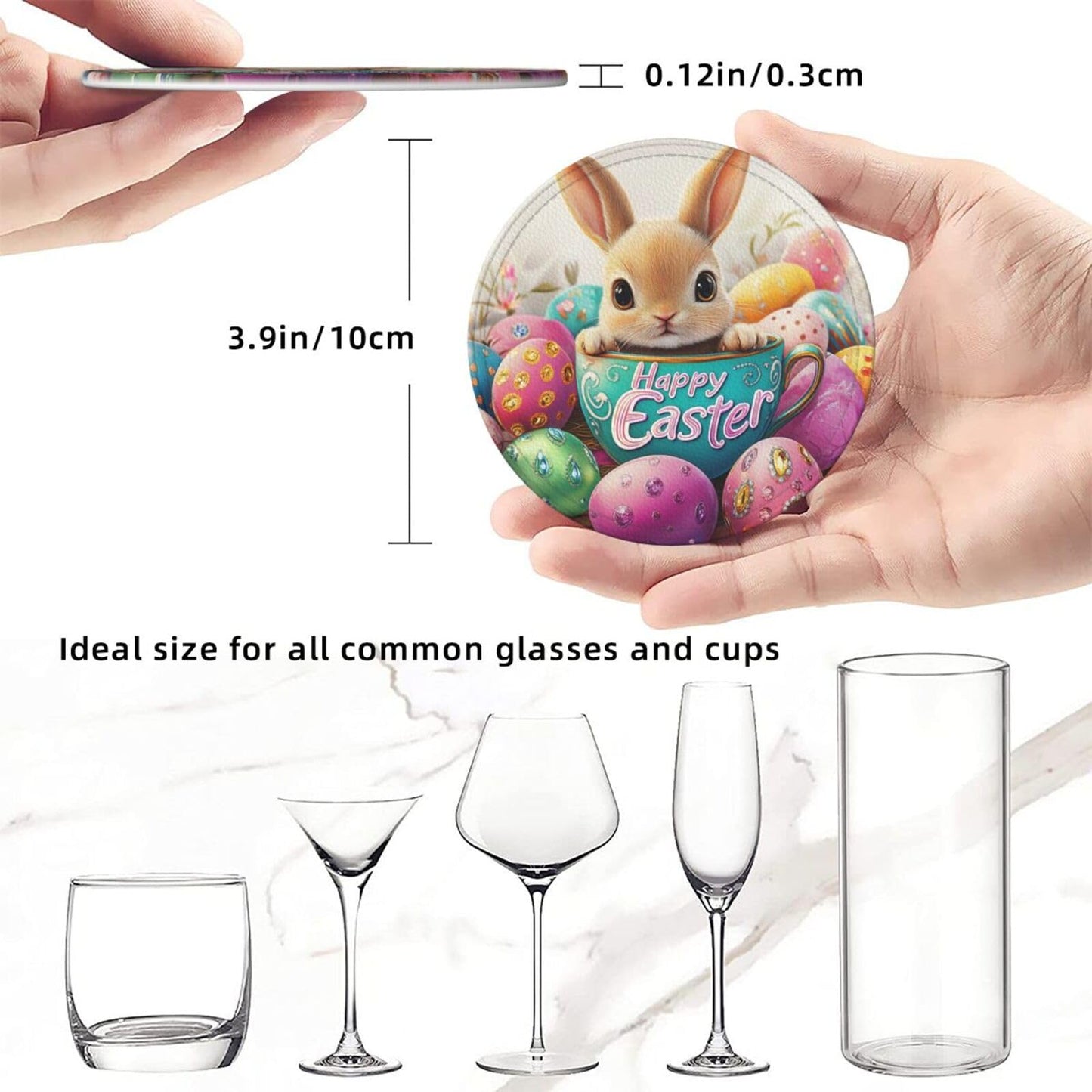 6 Pcs Easter Bunny Coasters for Drinks with Holder Round Leather Coasters Easter Coaster Sets Personalized Drink Coasters Coffee Table Cup Coaster Beer Coasters
