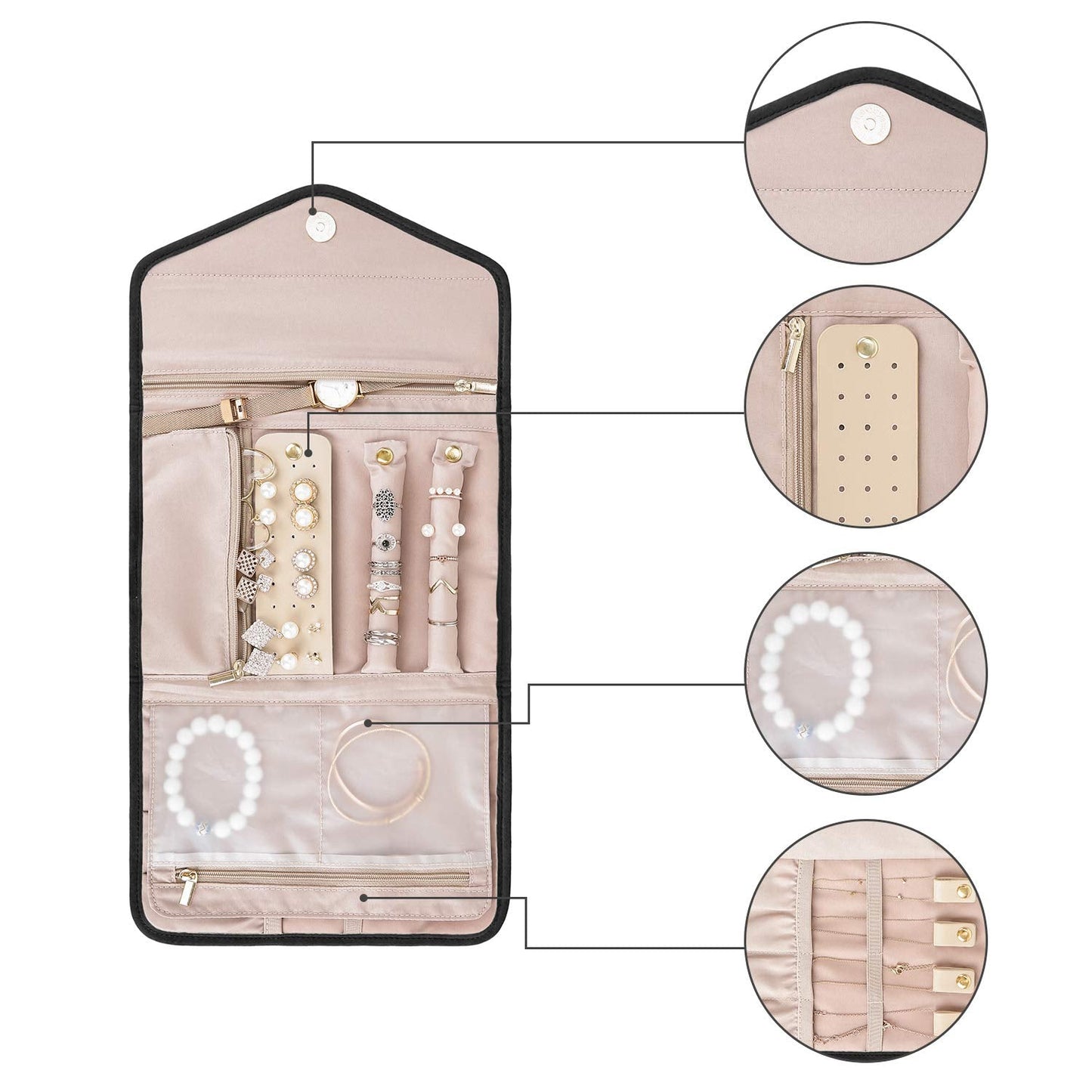 BAGSMART Travel Jewelry Organizer Roll Foldable Jewelry Case for Journey-Rings, Necklaces, Bracelets, Earrings, Black