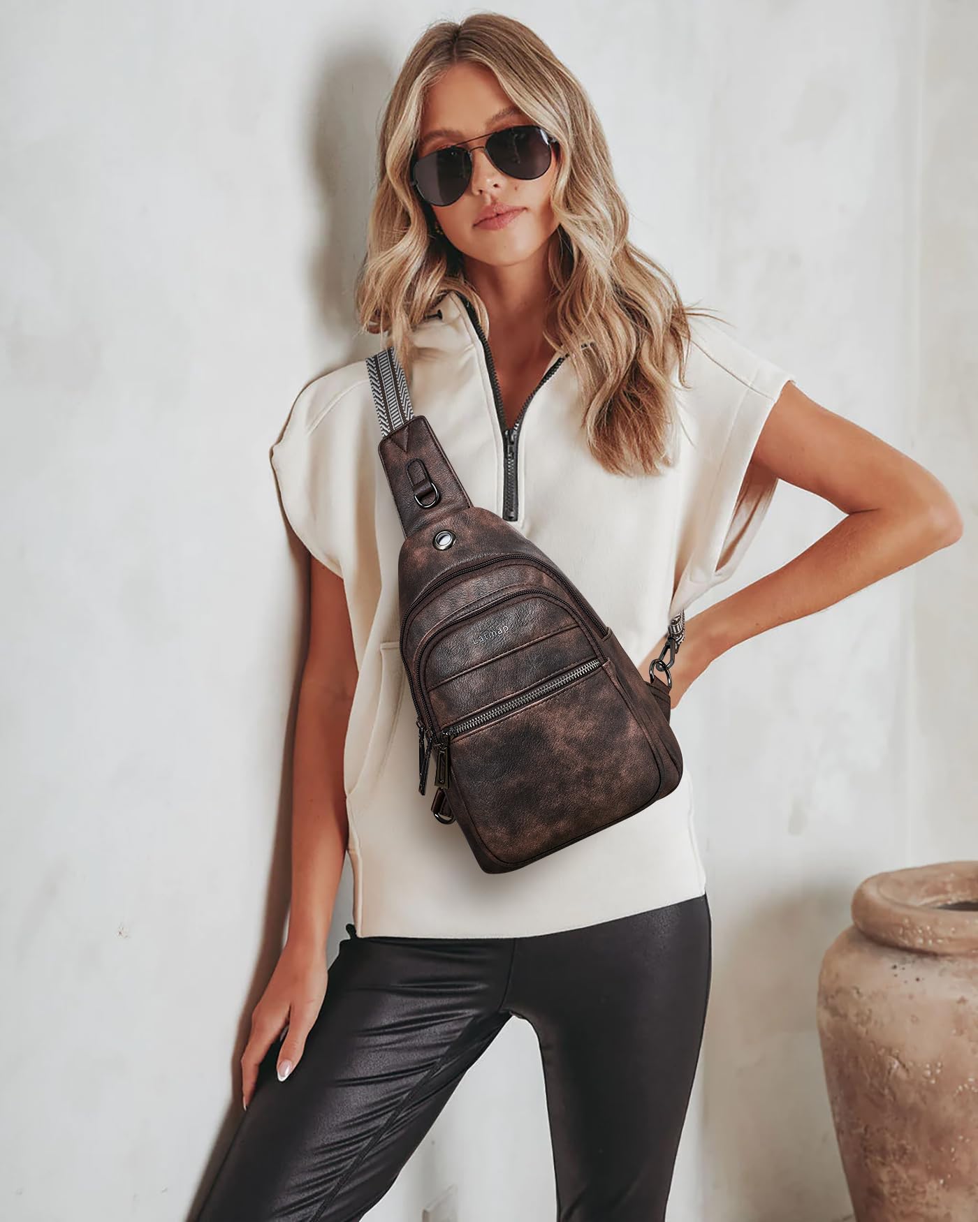 LATMAP 7L Sling Bag For Women Faux Leather Anti Theft Small Casual Daypack Backpack Fanny Pack Crossbody Chest Bags Purse Waterproof Coffee Color
