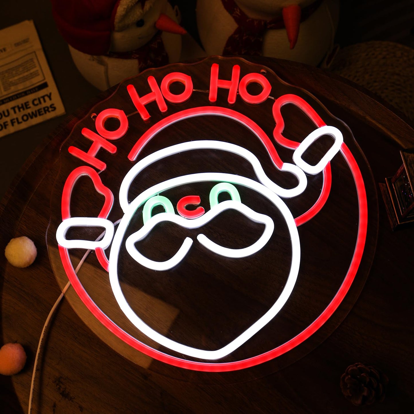 LED Santa Claus Head Neon Sign with "Ho Ho Ho" Text, Cute Red Merry Christmas Kids LED Neon Lights Festival Wall Decor for Home, Office, Bar, Window, and Xmas Party Decoration