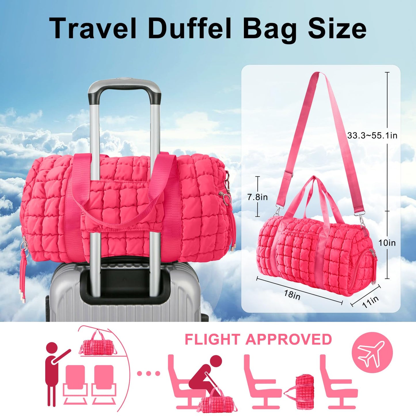 Quilted Travel Duffle Bag Gym Bag for Women,Large Puffer Duffle Weekender Bag with Compartment,Workout Overnight Carry on Organizer Bag Duffle Bag for Airplane Travel(Rosered)