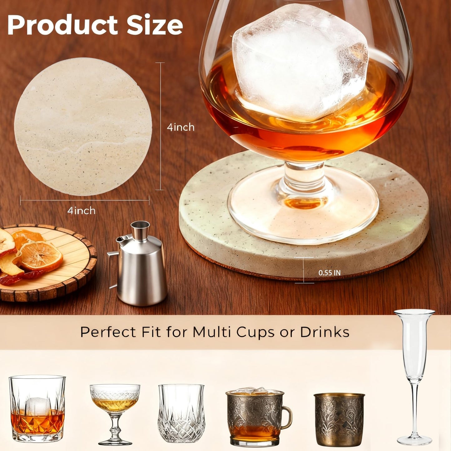 Travertine Stone Coasters Set of 2, 4" Natural Stone Desk Coasters for Drinks with 3mm Wooden Cork Backing, Durable Non-Slip Cup Mats, Table Protection for Coffee, Kitchen, Bar, Wedding