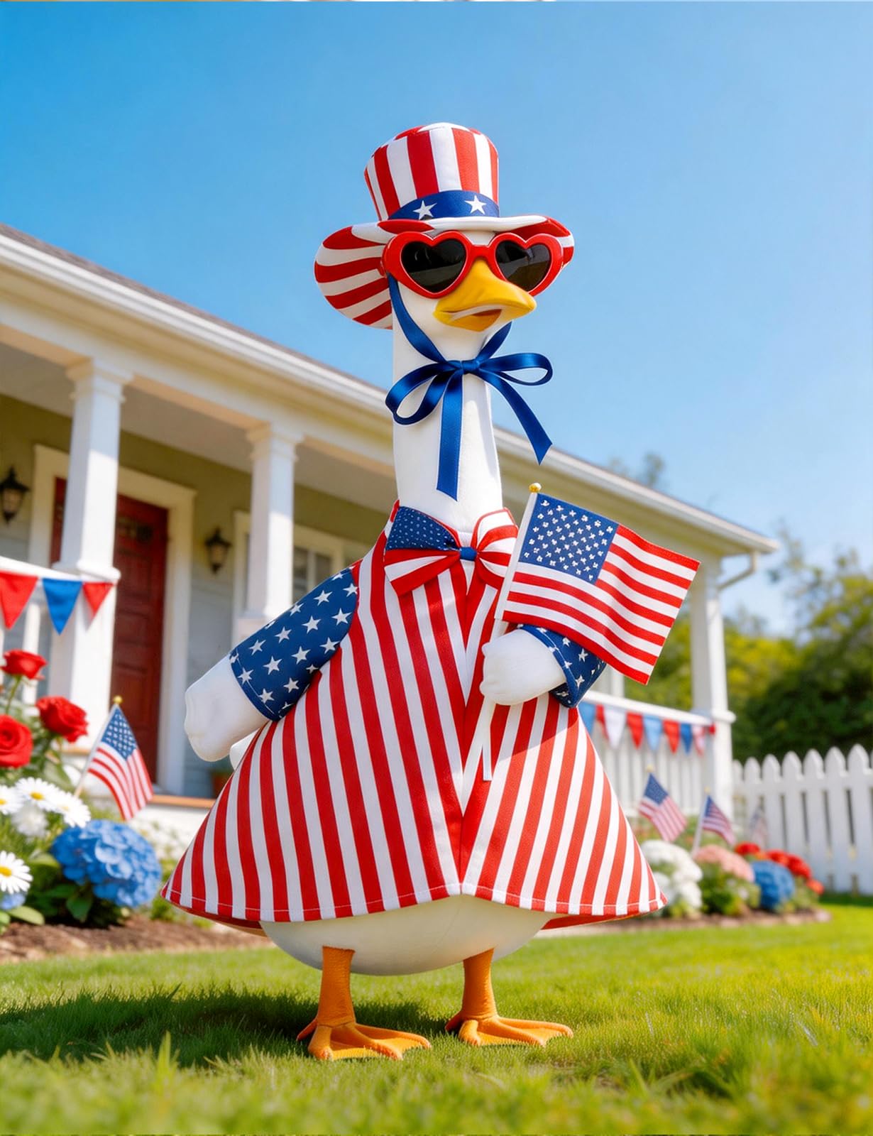 bomis 4th of July Patriotic Porch Goose Outfits for 23 Inch Lawn Statue – Independence Day Goose Costume with Red Heart Sunglasses, Star Stripe Hat, Handheld American Flag, US 250th Anniversary Decor