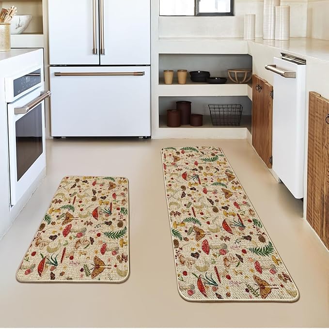 Artoid Mode Mushrooms Butterfly Spring Kitchen Mats Set of 2, Home Decor Low-Profile Kitchen Rugs for Floor - 24x35 and 24x59 Inch