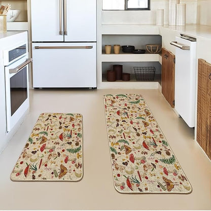 Artoid Mode Mushrooms Butterfly Spring Kitchen Mats Set of 2, Home Decor Low-Profile Kitchen Rugs for Floor - 24x35 and 24x59 Inch